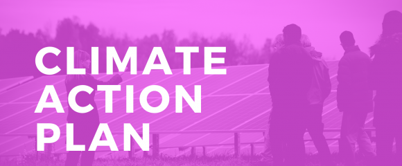 Text overlay on image of solar farm: Climate action plan - carbon neutrality by 2035