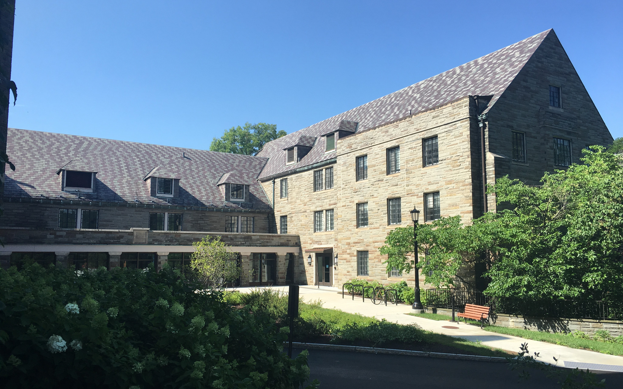 Wide shot of Hughes Hall exterior