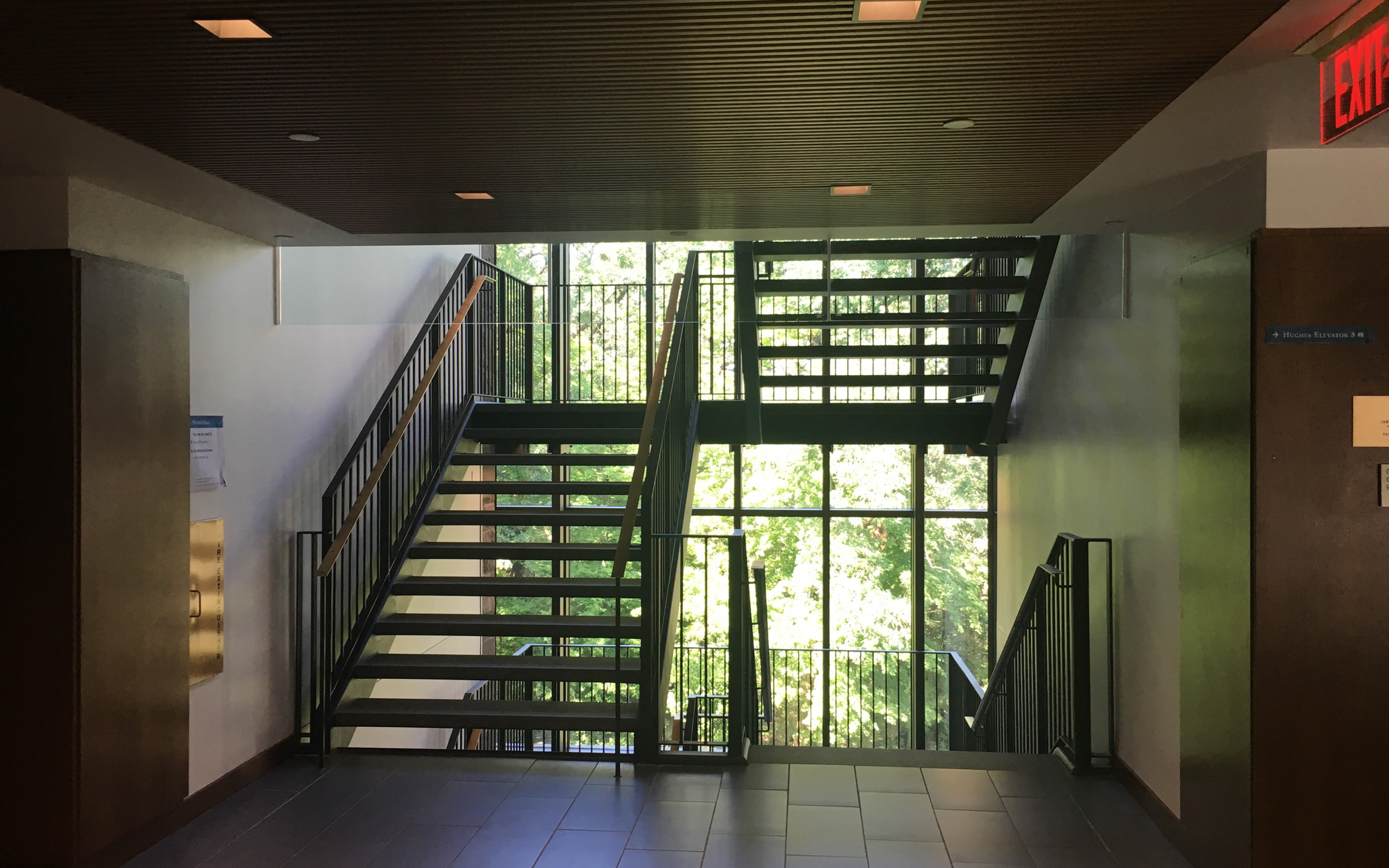 Hughes Hall stairwell features a large glass window overlooking the gorges