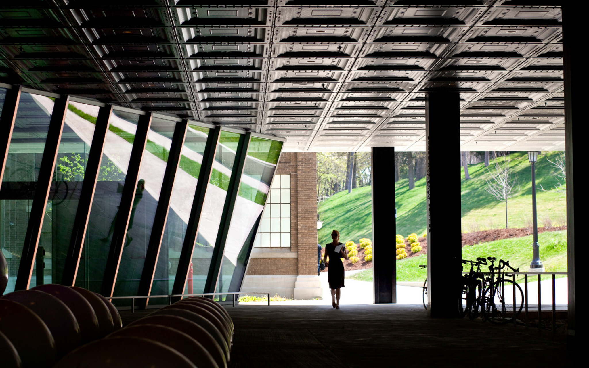 Atrium located under the Milstein Hall overhang