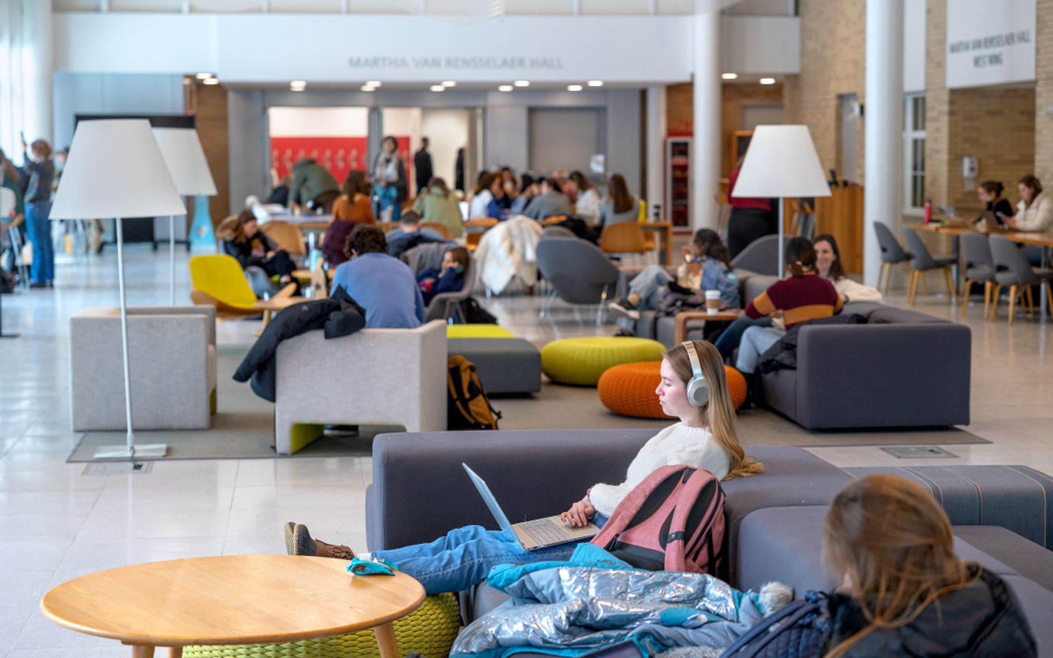 Students work in Martha Van Rensselaer's lounge