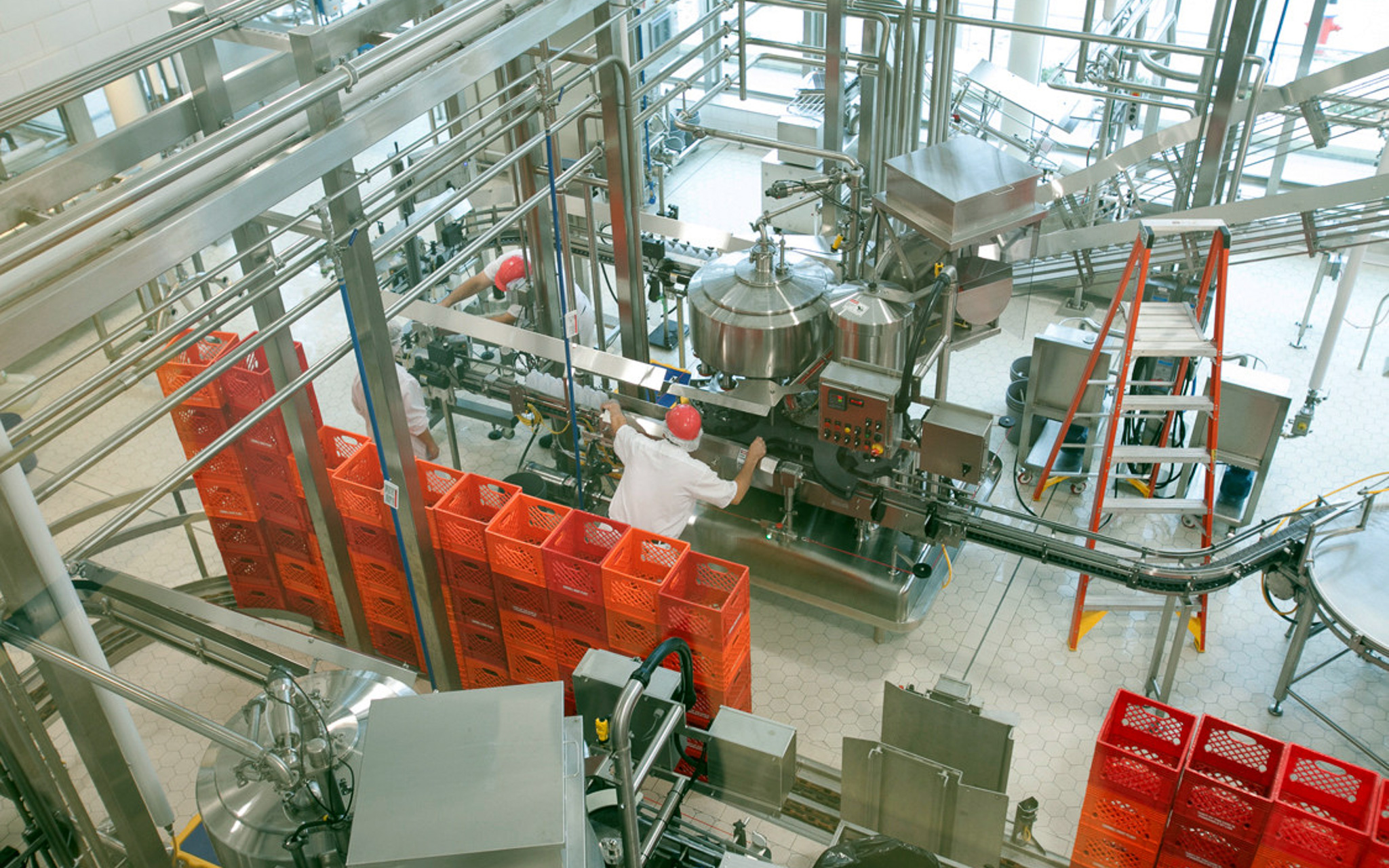 Workers using Stocking Hall's dairy production equipment