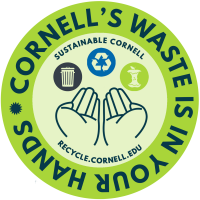 Image of sticker with hands holding a recycling, landfill, and compost symbol with text "Cornell's Waste is in Your Hands"