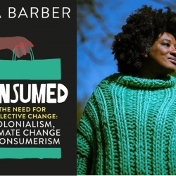 Aja Barber, a black woman, next to the title of her book on colonialism and climate change in the fashion industry
