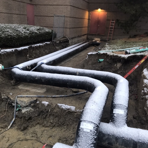 Hot water pipes entering the Veterinary Medical Center 