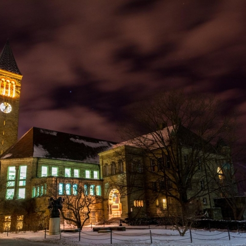 Cornell clock tower at night