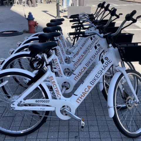 Ithaca Bikeshare bikes parked downtown.