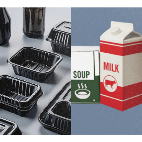 black plastic takeout containers, black plastic sushi trays, and black plastic bottles & cartons