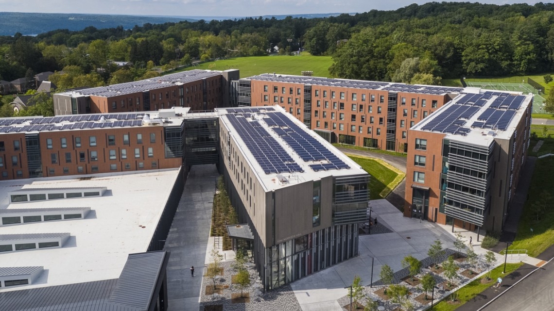 New residence halls on North Campus at Cornell as seen from above, with solar panels covering all roofs