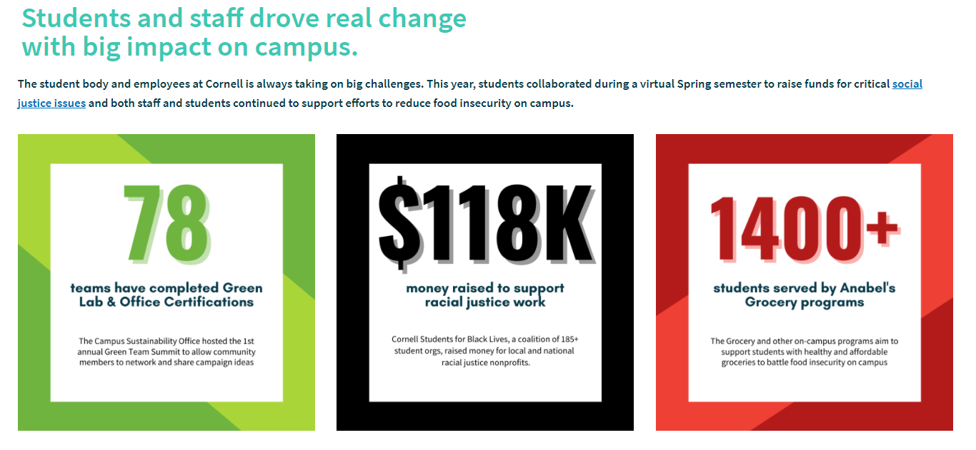  A snapshot of the annual report, highlighting 78 Green Teams, $118K raised for racial justice, and 1,400+ students served by Anabel's Grocery